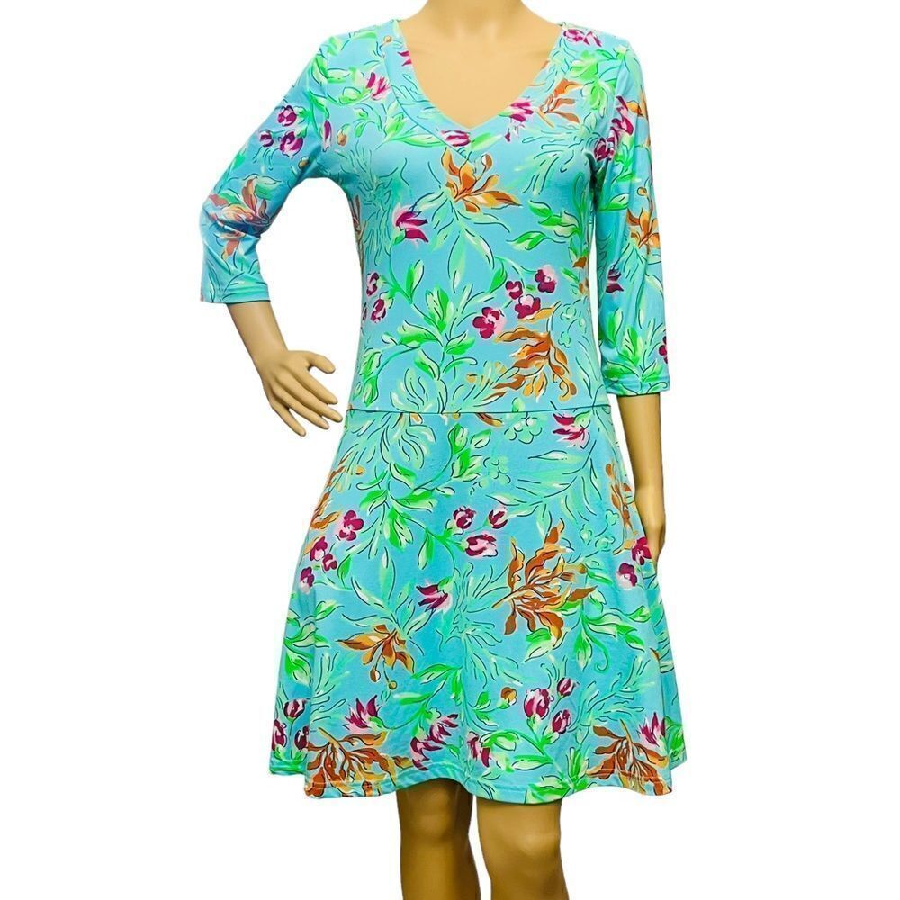 Keylime Pink Aqua Floral V-Neckline 3/4 Sleeves Pullover Flare Dress Sz S